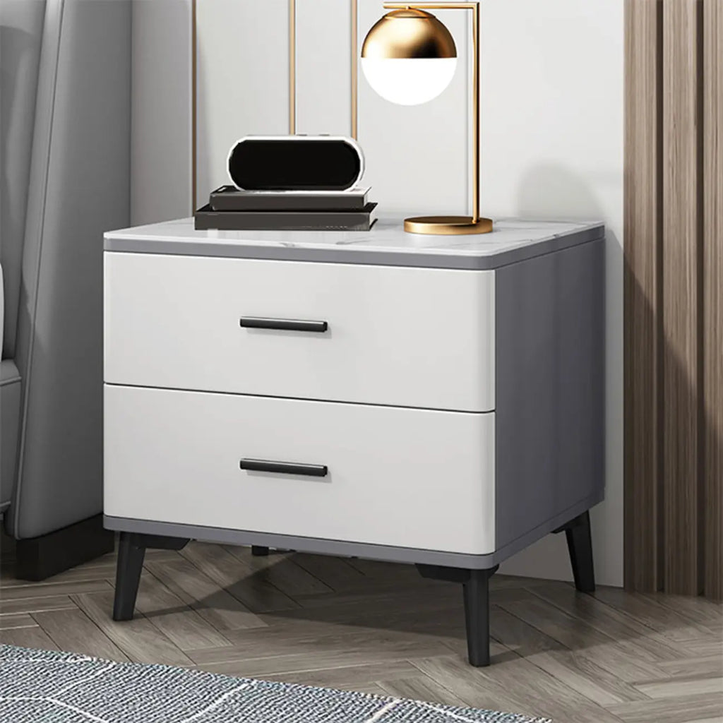 Modern White Stone Top Oak 2-Drawer Nightstand