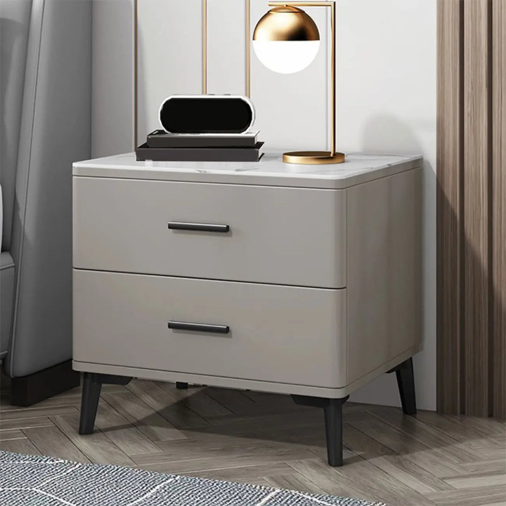 Modern White Stone Top Oak 2-Drawer Nightstand