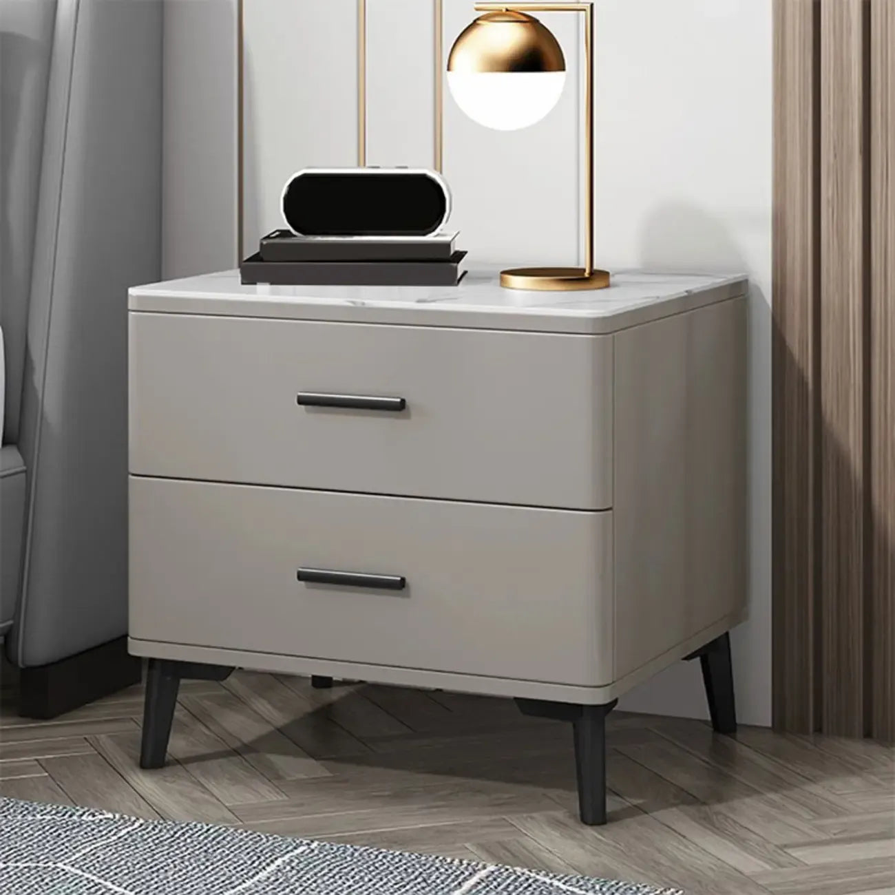 Modern White Stone Top Oak 2-Drawer Nightstand