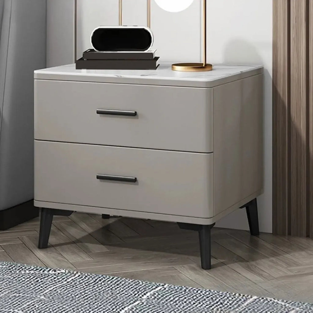 Modern White Stone Top Oak 2-Drawer Nightstand