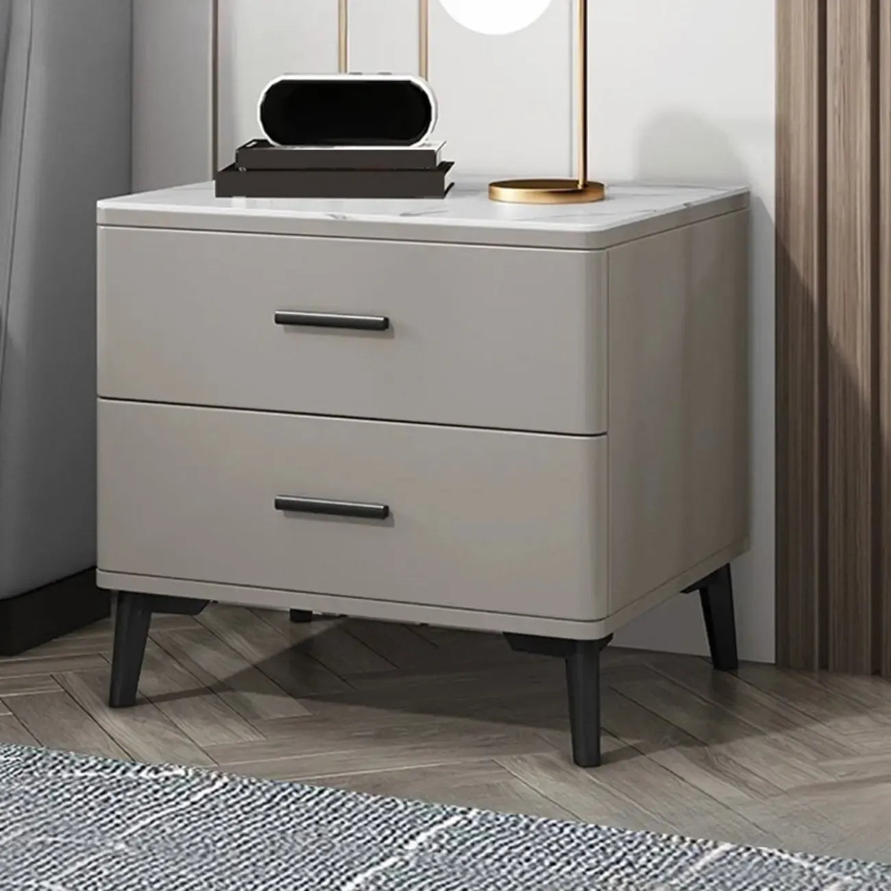 Modern White Stone Top Oak 2-Drawer Nightstand