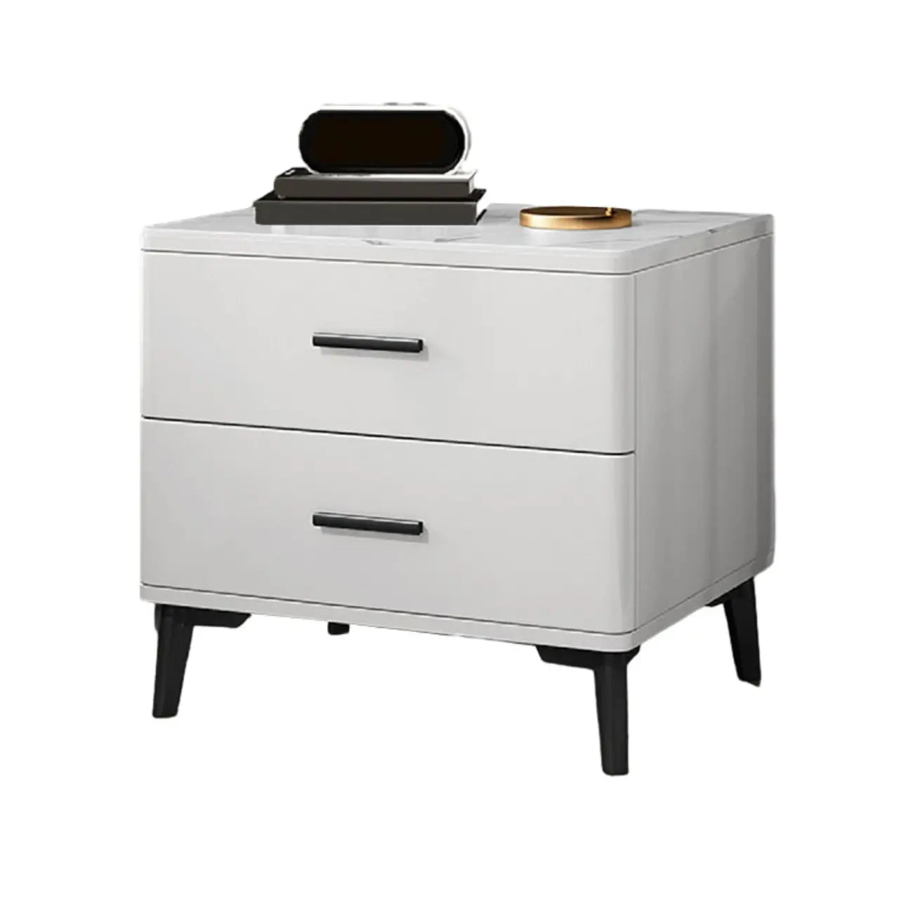 Modern White Stone Top Oak 2-Drawer Nightstand