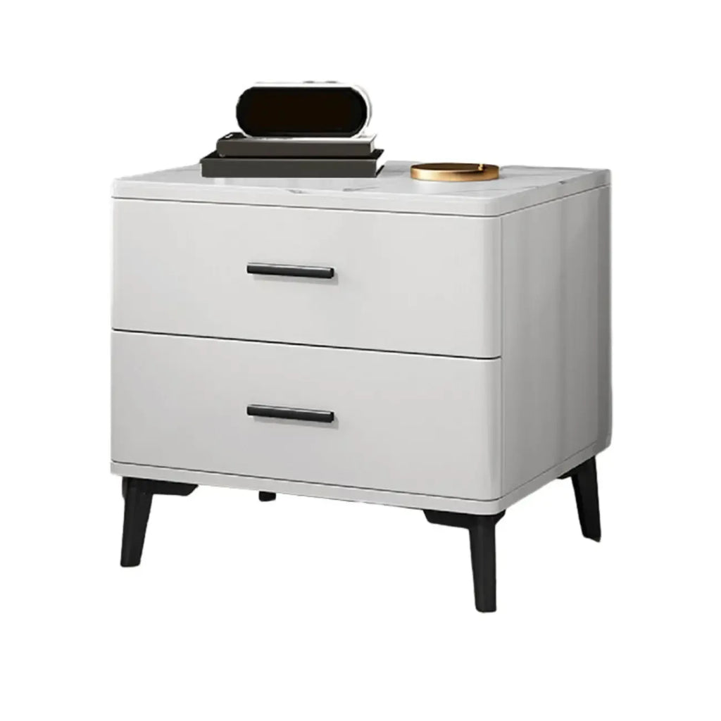 Modern White Stone Top Oak 2-Drawer Nightstand