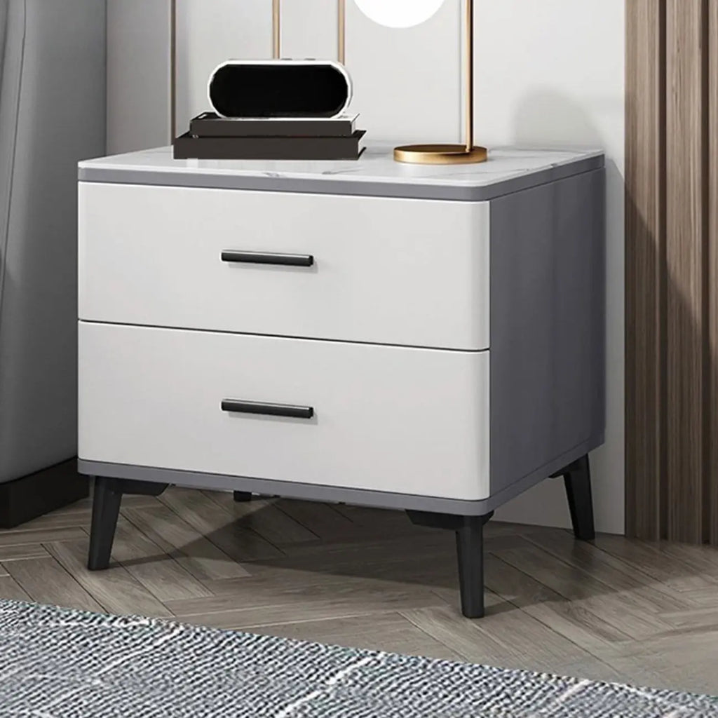 Modern White Stone Top Oak 2-Drawer Nightstand