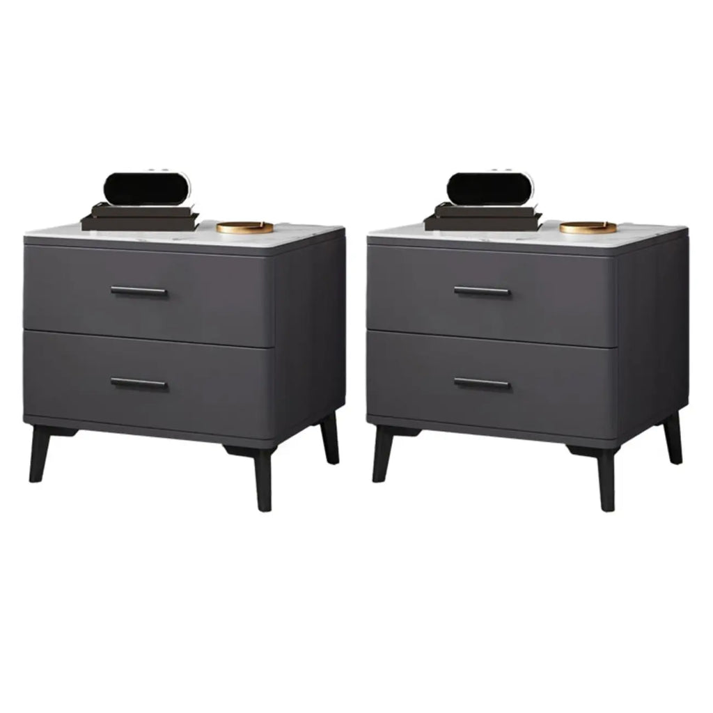 Modern White Stone Top Oak 2-Drawer Nightstand