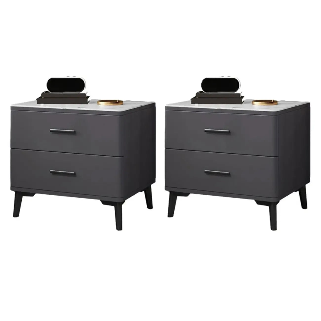 Modern White Stone Top Oak 2-Drawer Nightstand