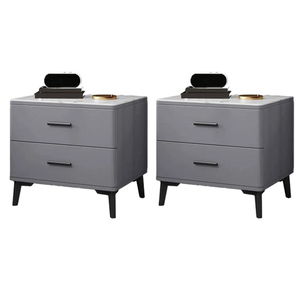 Modern White Stone Top Oak 2-Drawer Nightstand