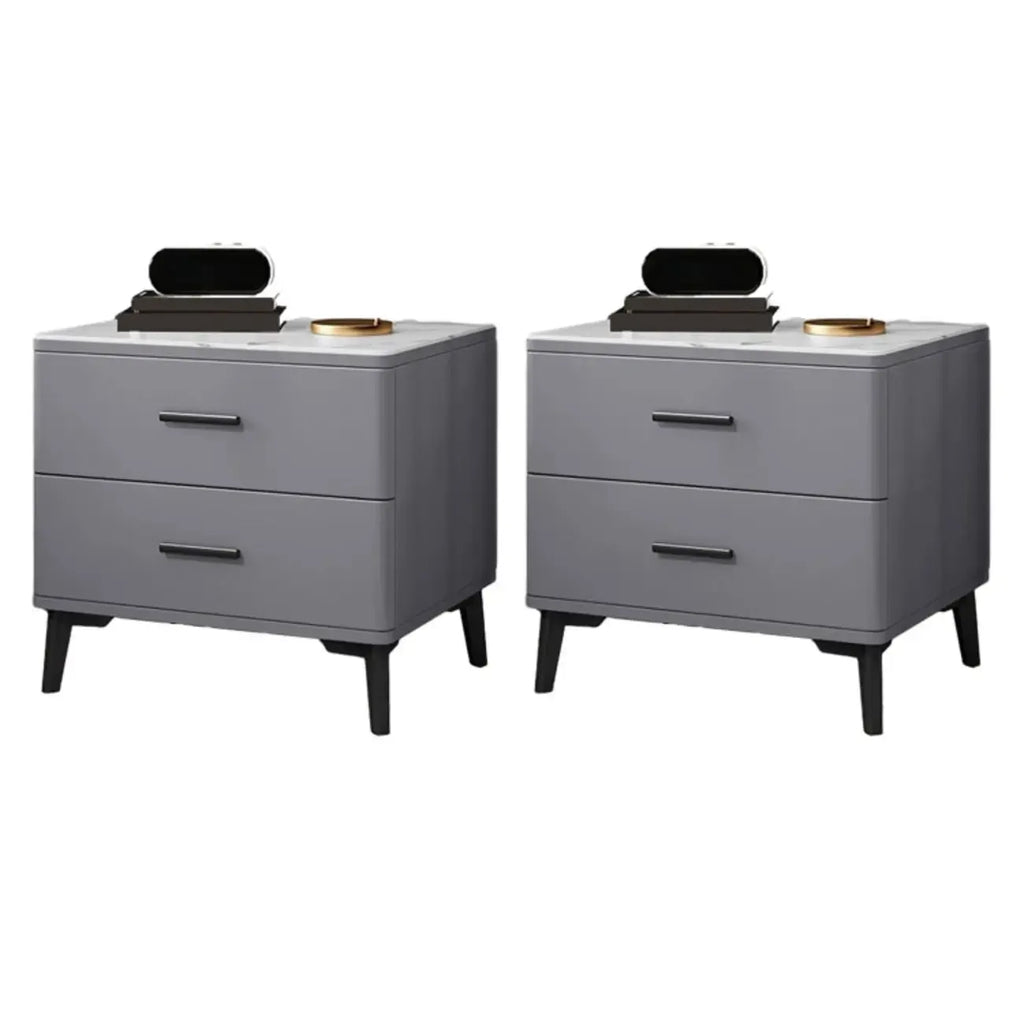 Modern White Stone Top Oak 2-Drawer Nightstand