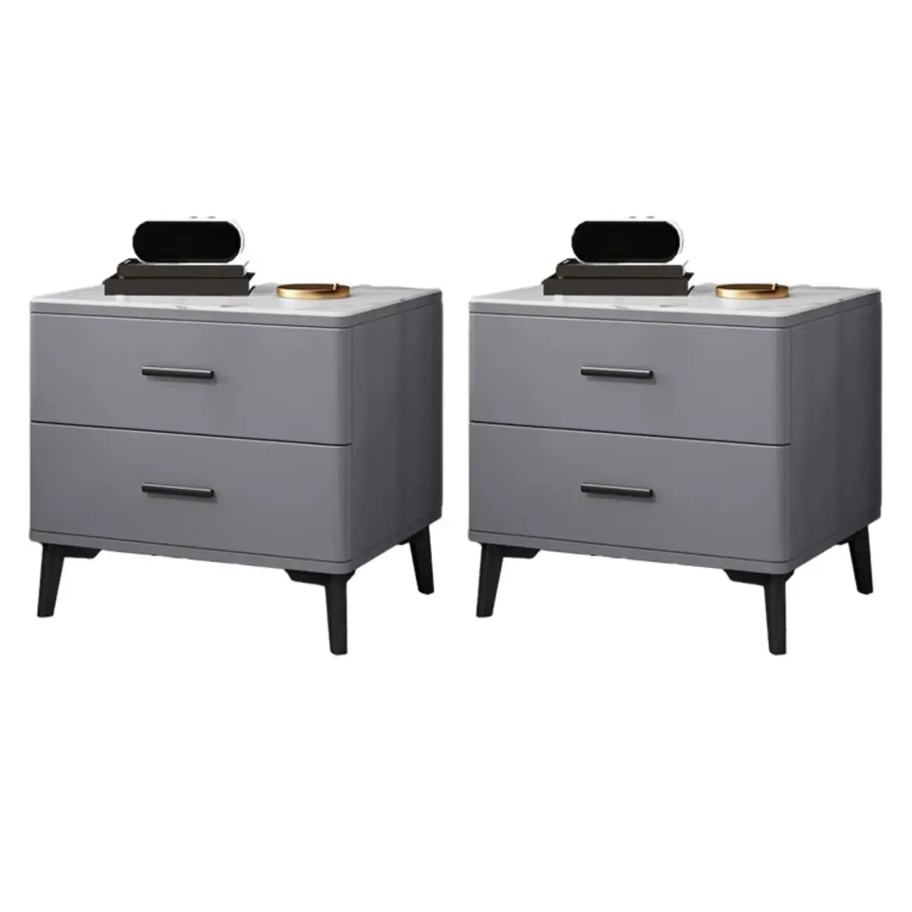 Modern White Stone Top Oak 2-Drawer Nightstand