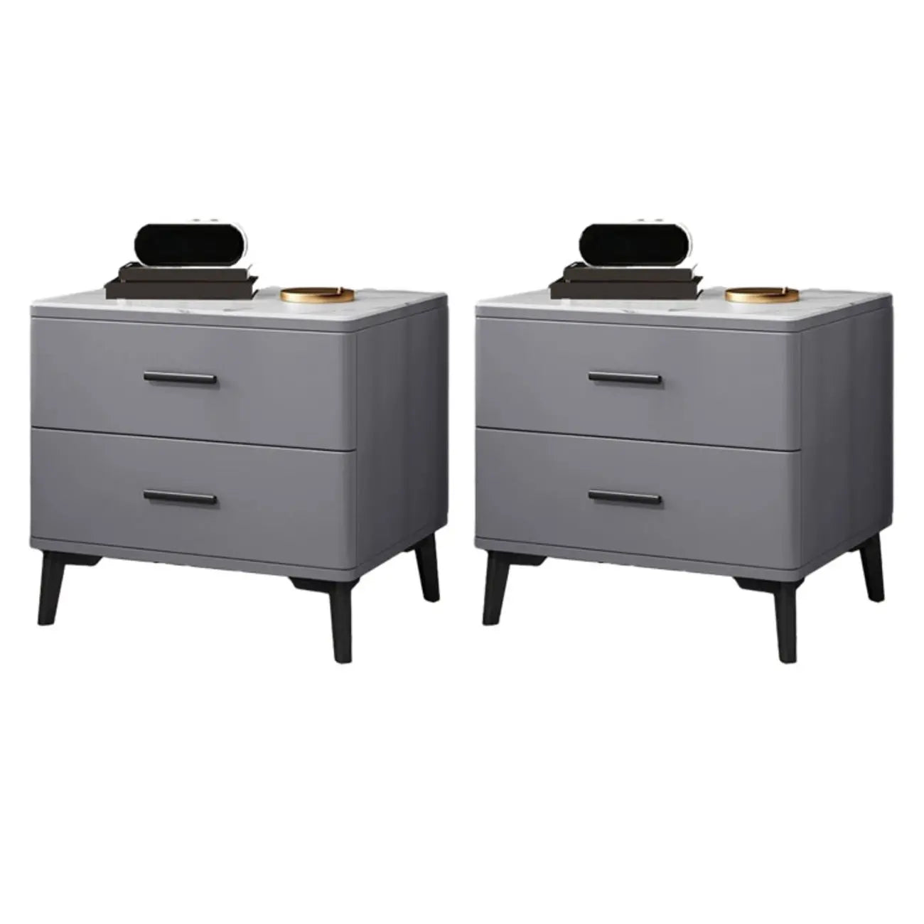 Modern White Stone Top Oak 2-Drawer Nightstand