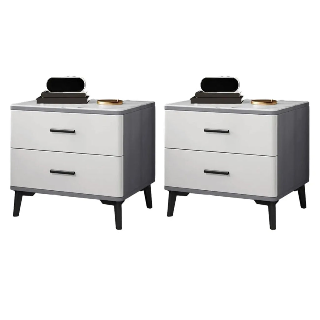 Modern White Stone Top Oak 2-Drawer Nightstand