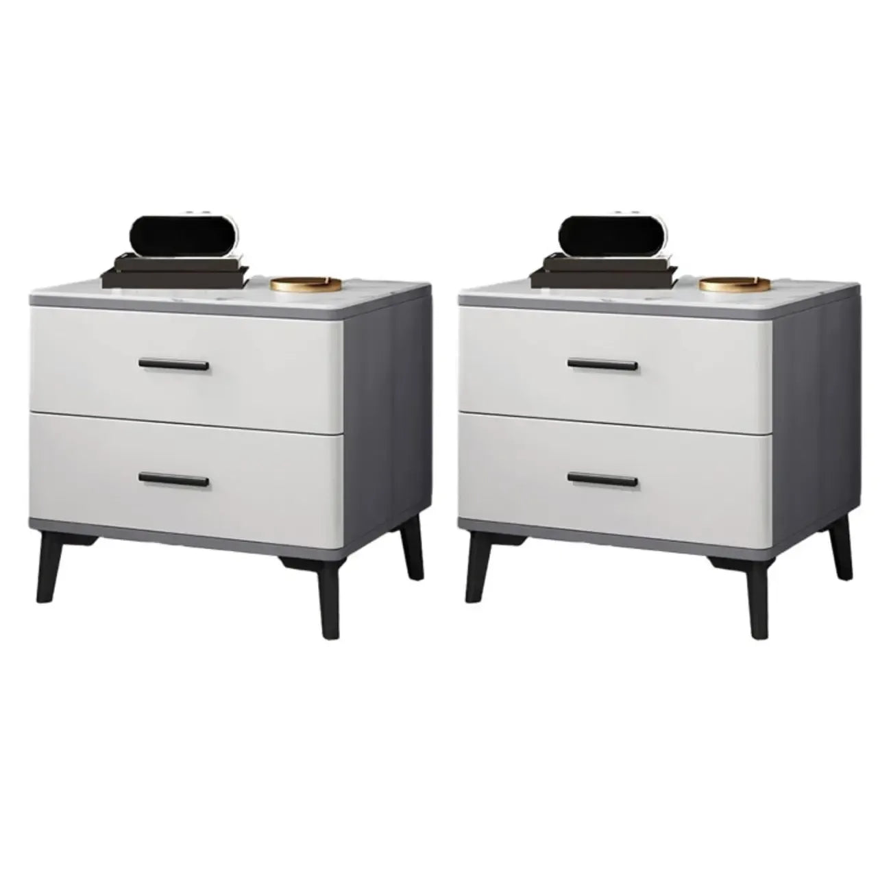 Modern White Stone Top Oak 2-Drawer Nightstand
