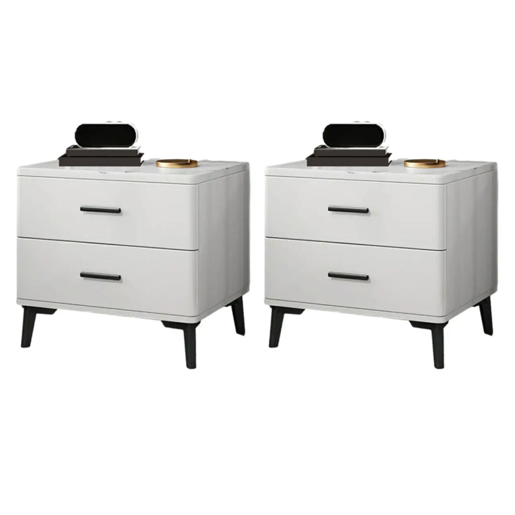 Modern White Stone Top Oak 2-Drawer Nightstand