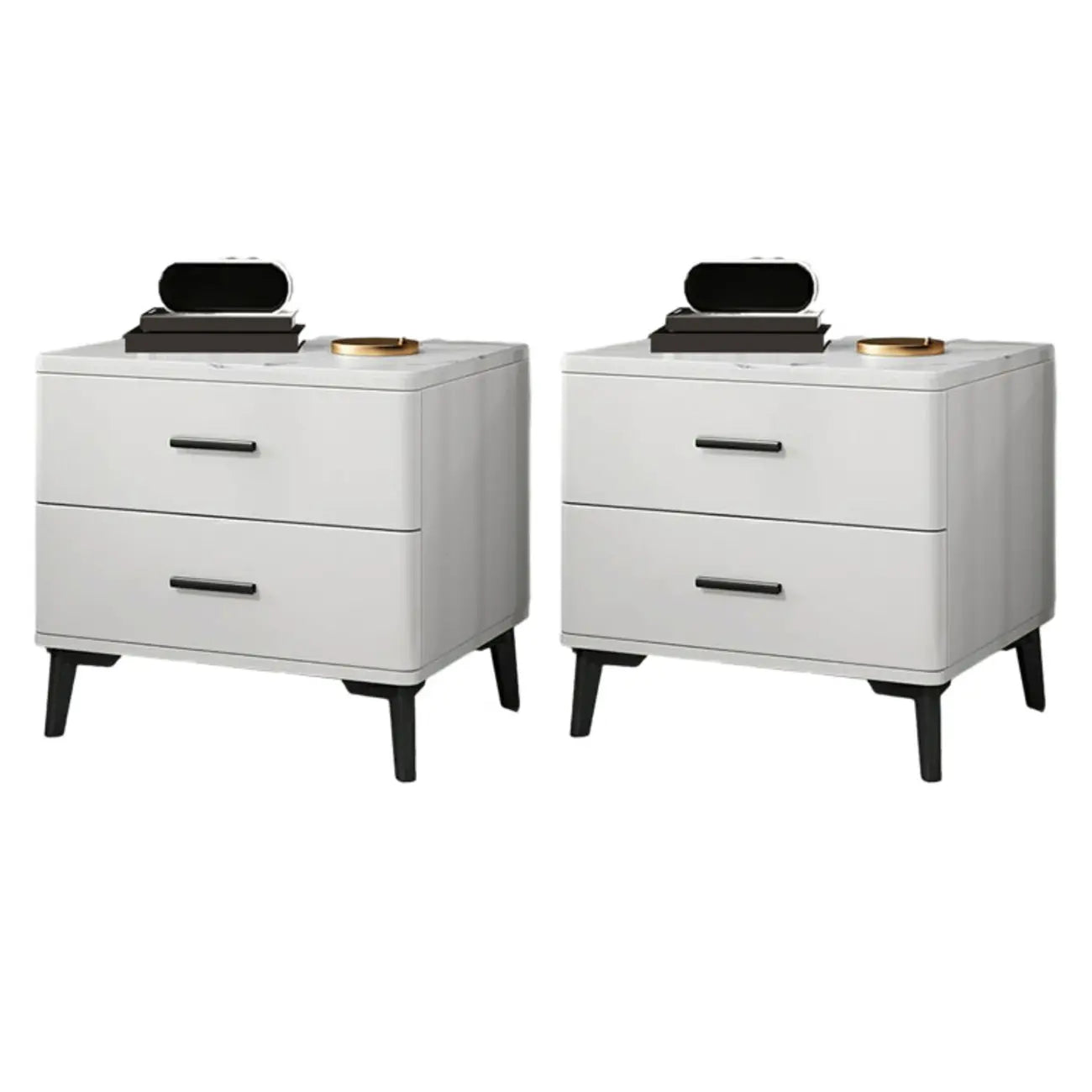 Modern White Stone Top Oak 2-Drawer Nightstand
