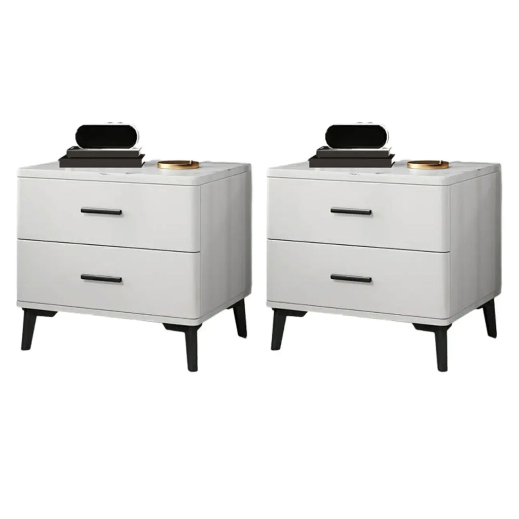 Modern White Stone Top Oak 2-Drawer Nightstand