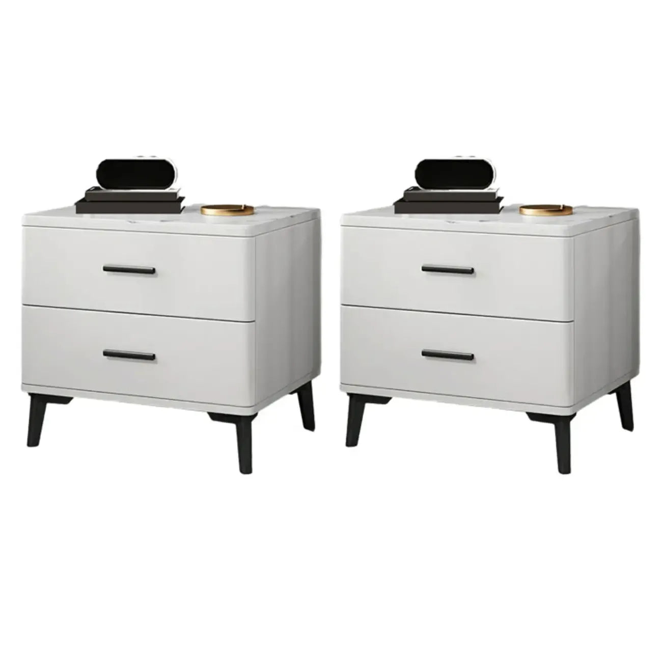 Modern White Stone Top Oak 2-Drawer Nightstand