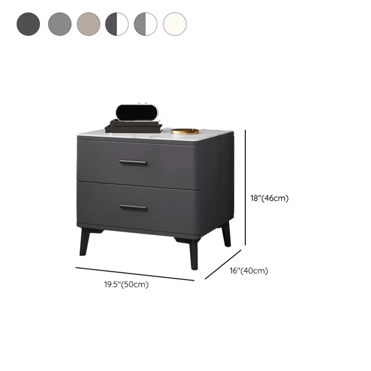 Modern White Stone Top Oak 2-Drawer Nightstand