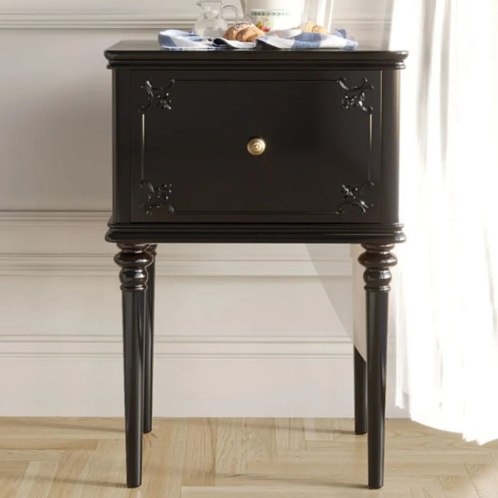 Traditional Black Wooden Carved Leggy Nightstand with Drawer