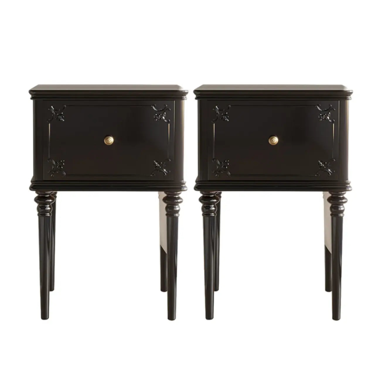 Traditional Black Wooden Carved Leggy Nightstand with Drawer