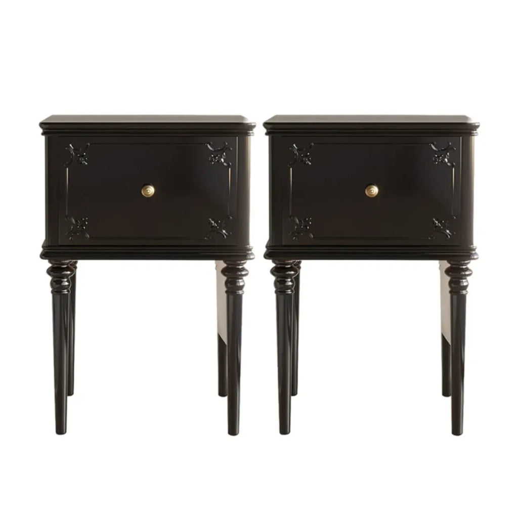 Traditional Black Wooden Carved Leggy Nightstand with Drawer