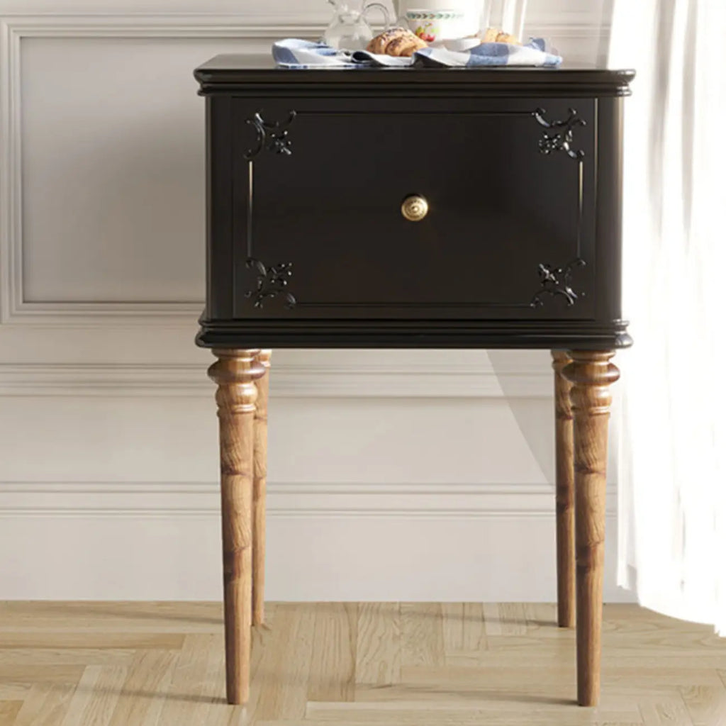 Traditional Black Wooden Carved Leggy Nightstand with Drawer