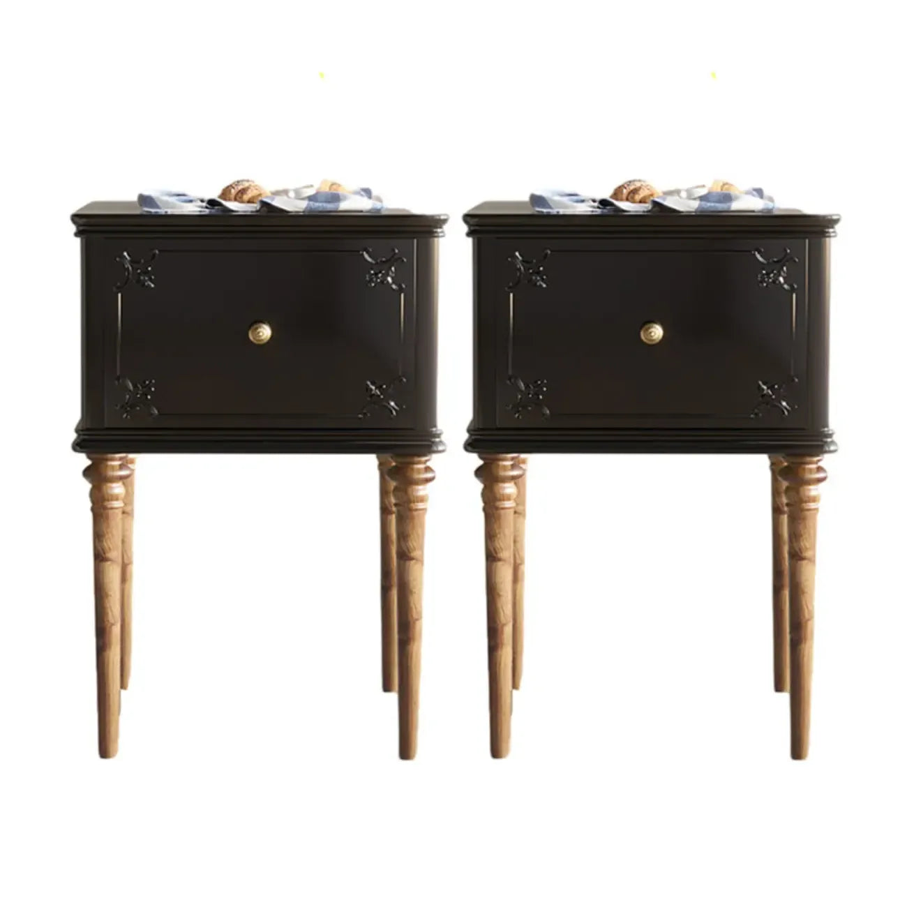 Traditional Black Wooden Carved Leggy Nightstand with Drawer