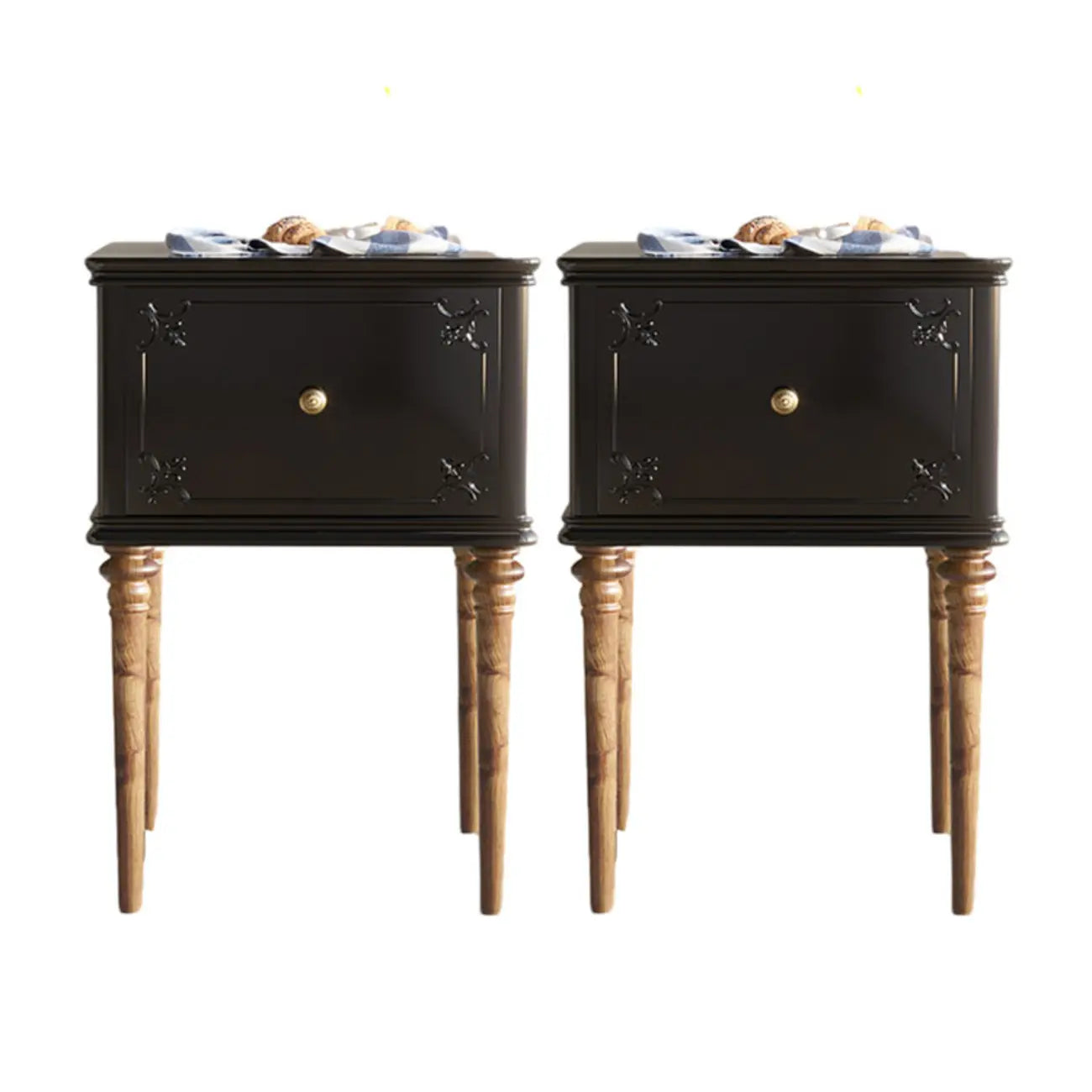 Traditional Black Wooden Carved Leggy Nightstand with Drawer