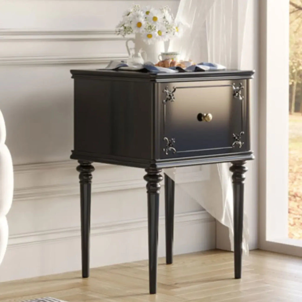 Traditional Black Wooden Carved Leggy Nightstand with Drawer