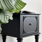Traditional Black Wooden Carved Leggy Nightstand with Drawer