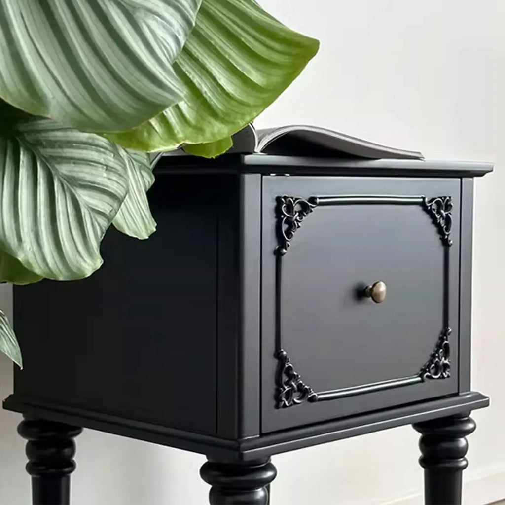 Traditional Black Wooden Carved Leggy Nightstand with Drawer