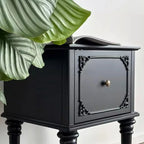 Traditional Black Wooden Carved Leggy Nightstand with Drawer