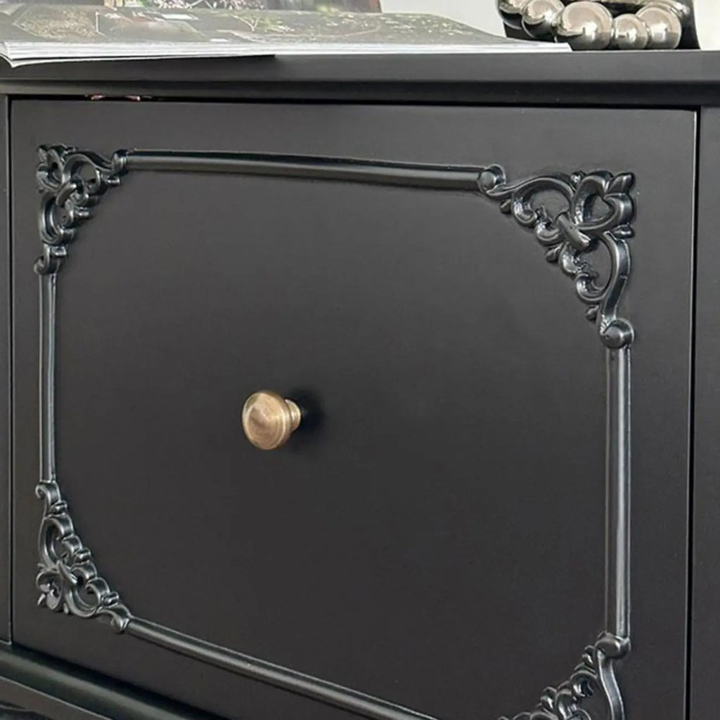 Traditional Black Wooden Carved Leggy Nightstand with Drawer