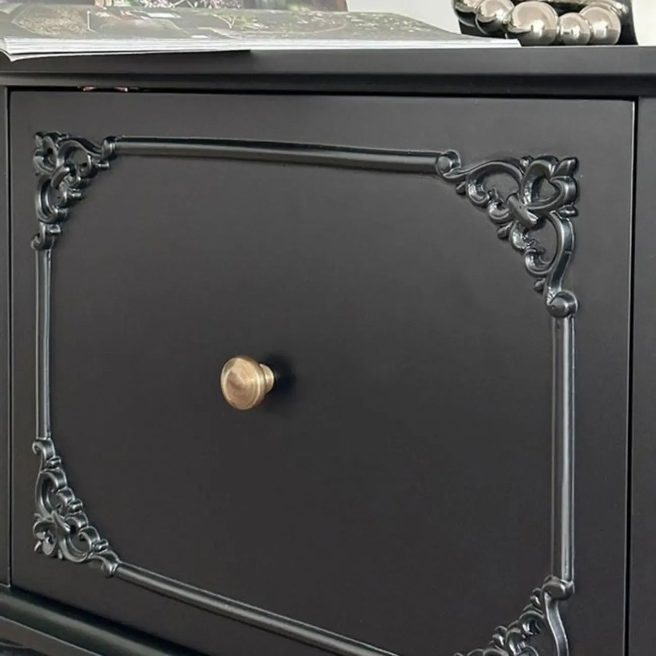 Traditional Black Wooden Carved Leggy Nightstand with Drawer
