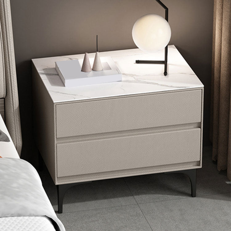 Modern Stone Top Faux Leather 2-Drawer Nightstand