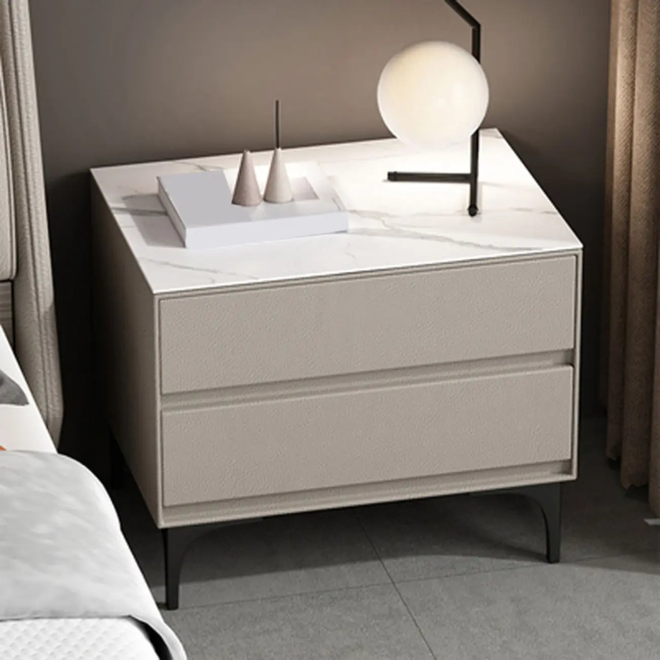 Modern Stone Top Faux Leather 2-Drawer Nightstand