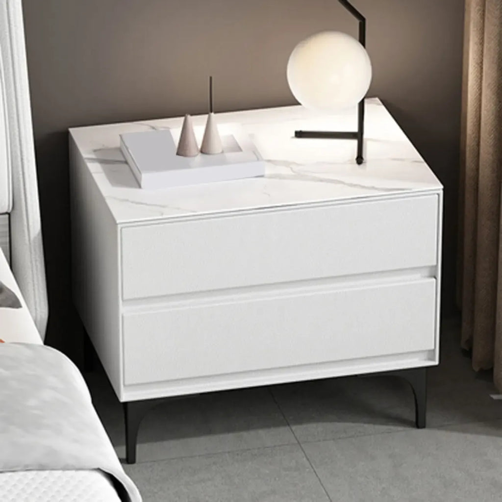Modern Stone Top Faux Leather 2-Drawer Nightstand