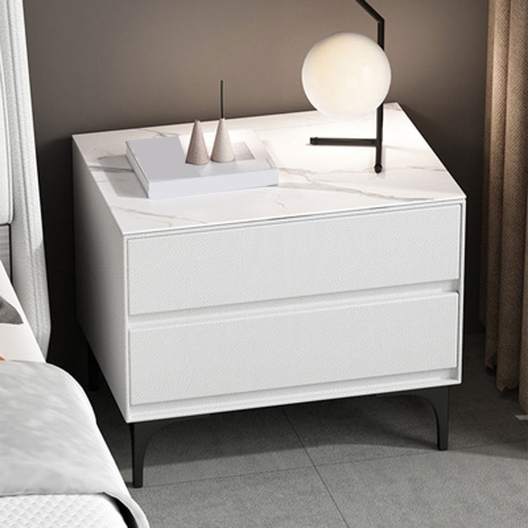 Modern Stone Top Faux Leather 2-Drawer Nightstand