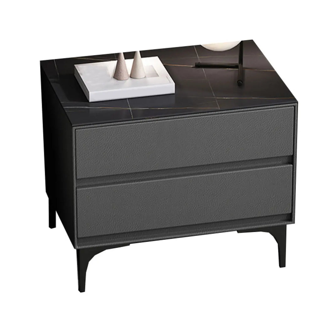 Modern Stone Top Faux Leather 2-Drawer Nightstand