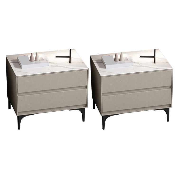 Modern Stone Top Faux Leather 2-Drawer Nightstand