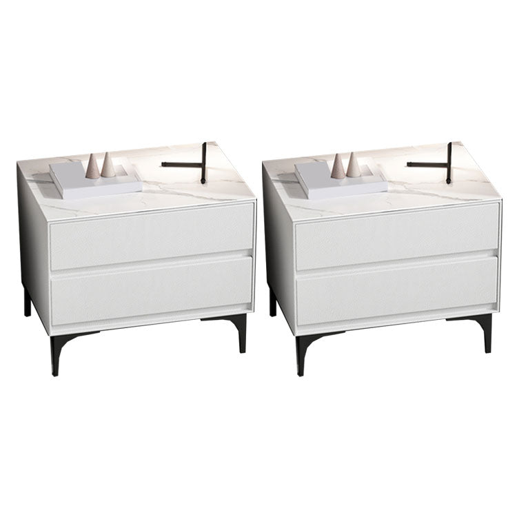 Modern Stone Top Faux Leather 2-Drawer Nightstand