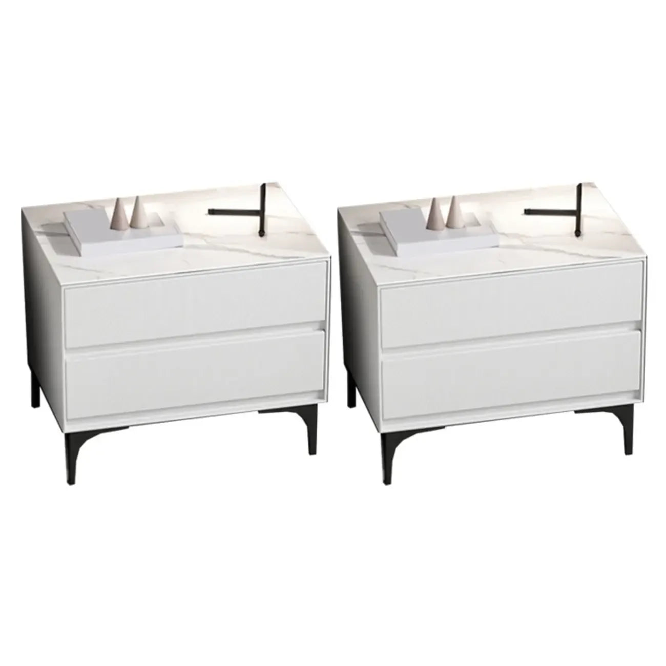 Modern Stone Top Faux Leather 2-Drawer Nightstand