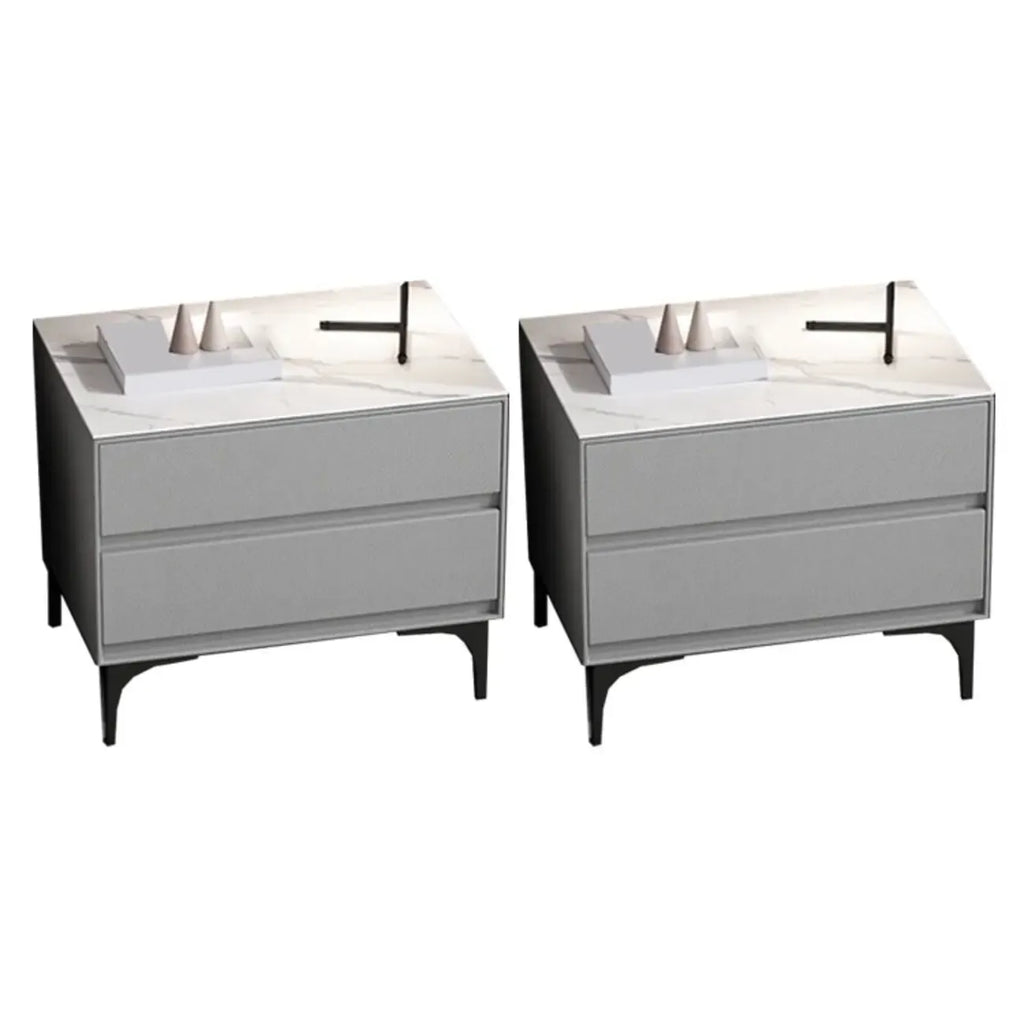 Modern Stone Top Faux Leather 2-Drawer Nightstand