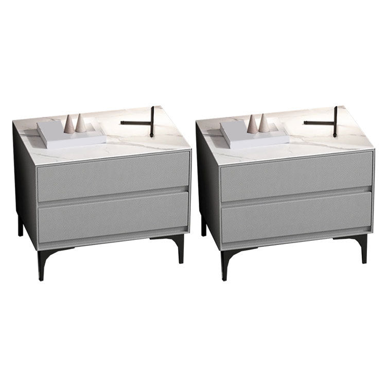 Modern Stone Top Faux Leather 2-Drawer Nightstand