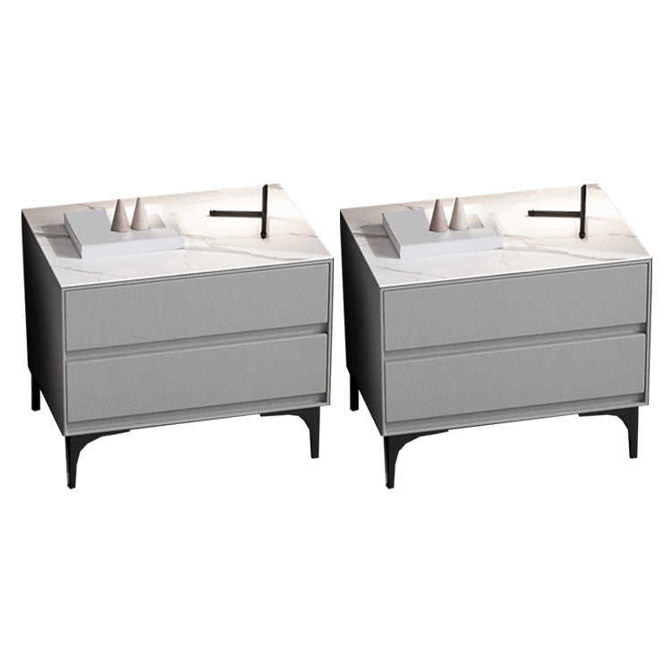 Modern Stone Top Faux Leather 2-Drawer Nightstand