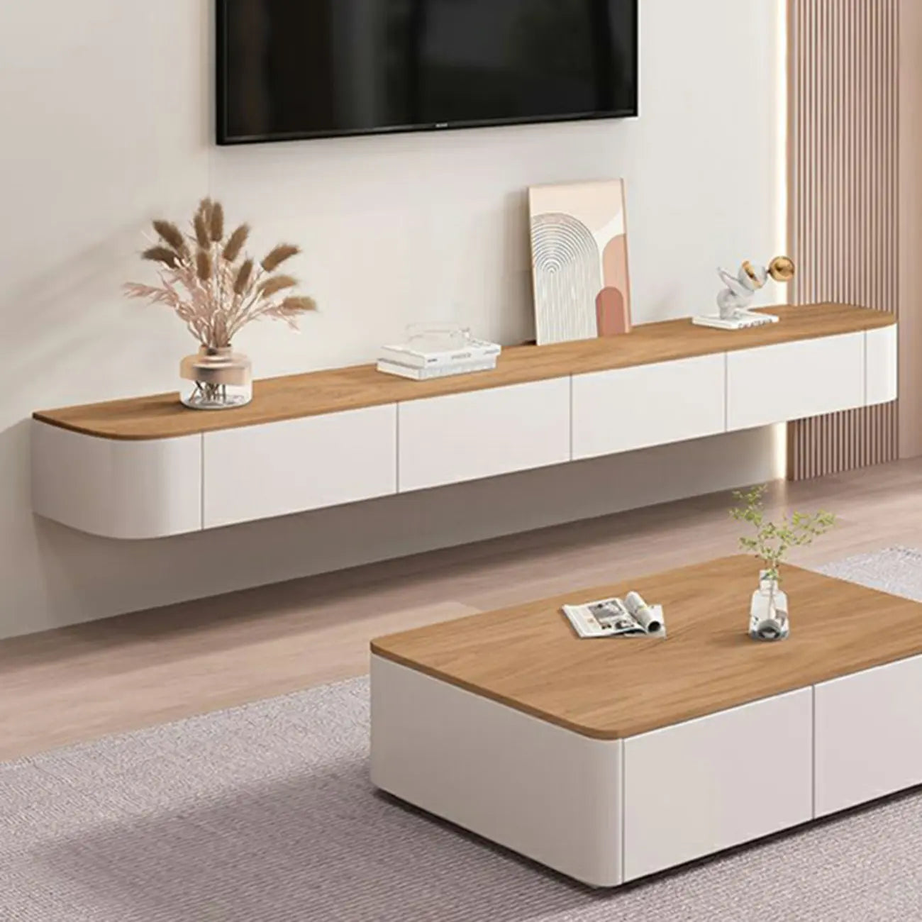 Contemporary Long White Wood Floating TV Stand with Drawers