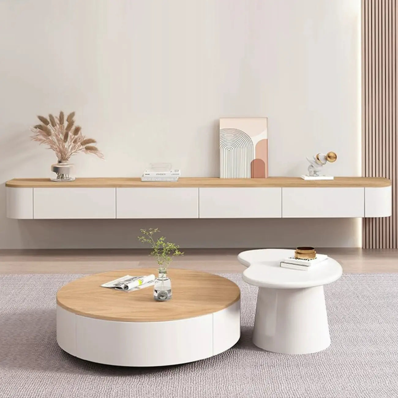 Contemporary Long White Wood Floating TV Stand with Drawers