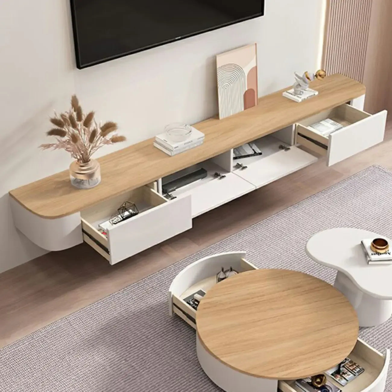 Contemporary Long White Wood Floating TV Stand with Drawers