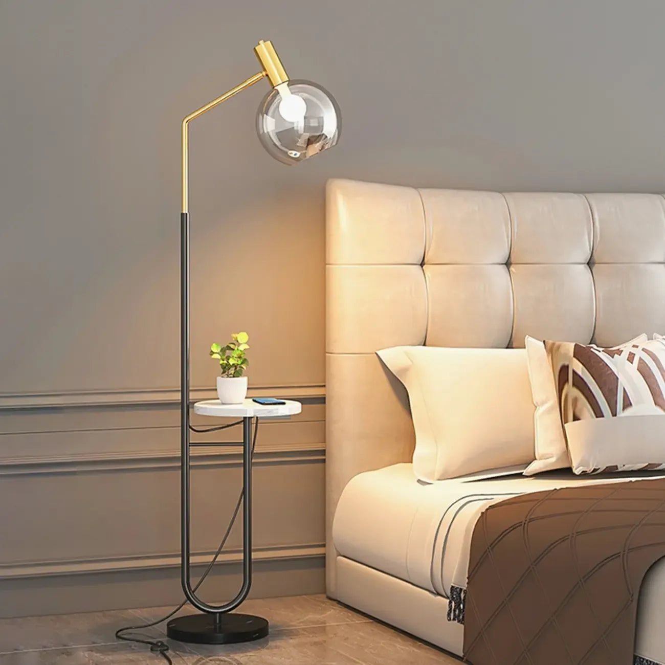 Modern Metal Globe Glass Arc Floor Lamp with Table