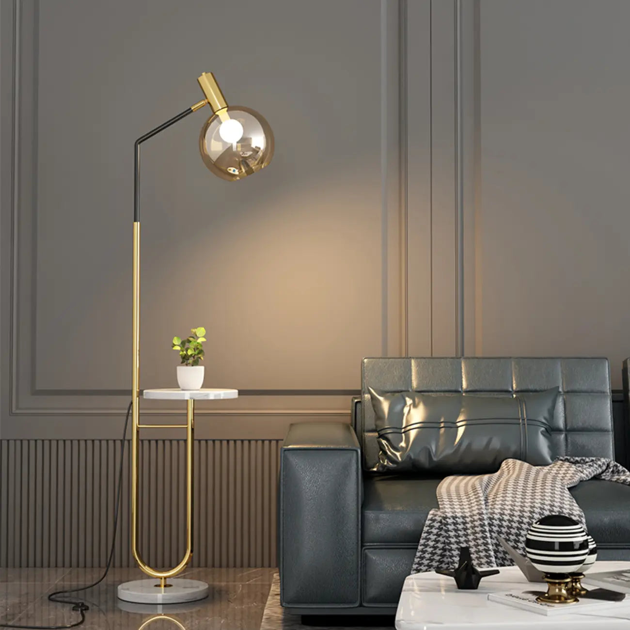 Modern Metal Globe Glass Arc Floor Lamp with Table