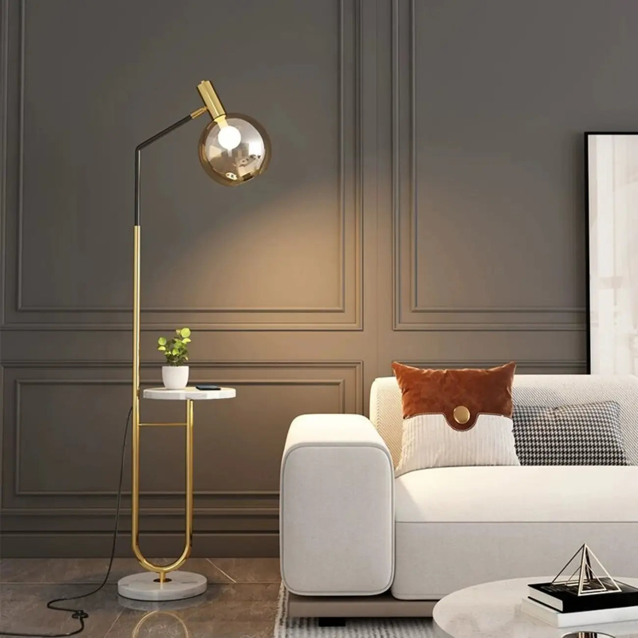 Modern Metal Globe Glass Arc Floor Lamp with Table